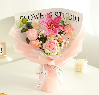 acheter Déjà fait artificiel tissé rose bleu crochet bouquet de fleurs pour l'anniversaire cadeau de la Saint-Valentin online manufacture