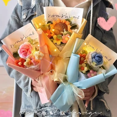 Un bon prix. Cadeaux créatifs pour la Saint-Valentin et la Journée des enseignants bouquets de fleurs en laine de rose tournesol fleurs tricotées produits finis faits à la main comme cadeaux d'anniversaire en ligne