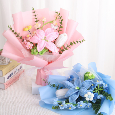 Un bon prix. Cadeau transfrontalier de la fête des mères anniversaire rose tricoté bouquet de laine tricoté simulation de tournesol fleur de lys en ligne