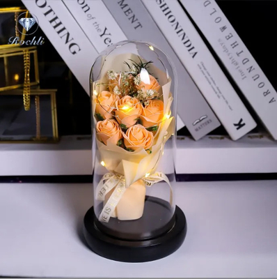 Un bon prix. Fabrique en gros Ins artificiel LED fleurs décoratives anniversaire Dôme de verre Rose Bouquet Saint-Valentin Rose de savon de qualité en ligne