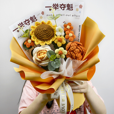 Un bon prix. Bouquets de laine de tournesol tissés à la main, produits finis, diplôme exportation transfrontalière fleurs artificielles tricotées en ligne