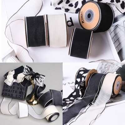 Ceinture textile neigeuse brillante noire et blanche à haute ténacité de 100 m, bordure, bricolage, nœud, accessoires pour cheveux, pour emballage de fleuriste, boîte cadeau