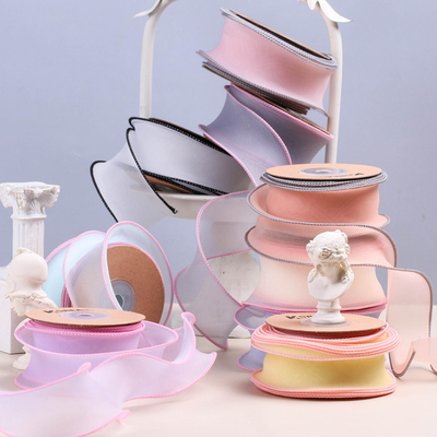 Un bon prix. Ruban tissé transparent en mousseline de soie à bord coloré et polyvalent pour accessoires cheveux en ligne