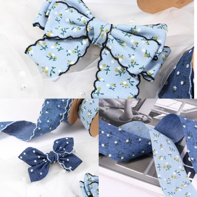 Bordure de bourgeon de 2,5 cm/bord droit Ruban imitation denim floral simple face petit emballage cadeau de fleurs DIY nœud bandeau Coloration rapide