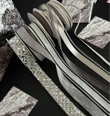 Bouquet de rubans de fleurs de la série Qixi Black Silver, 1,6 cm, polyester, parfait pour les matériaux floraux faits à la main
