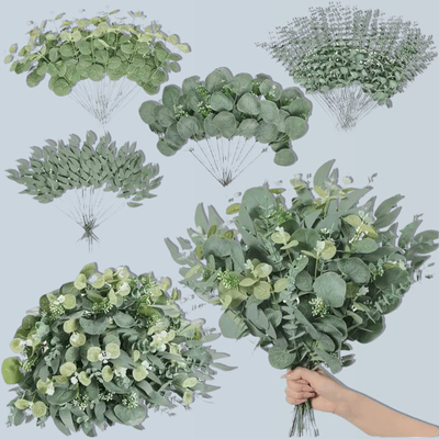 Un bon prix. Simulation d'une seule feuille d'argent, feuille d'eucalyptus, petit faisceau de fleurs, série Insen à 5 fourchettes accessoires d'arrangement de fleurs de mariage, décoration matérielle en ligne