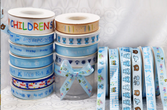 Ruban d'emballage pour la fête des enfants avec bouquet de pâtisserie cadeau et sangle, impression tissée en polyester bleu couleur