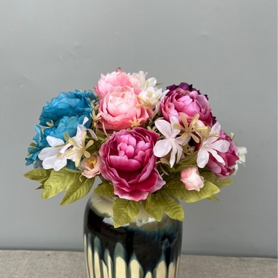 Un bon prix. Simulation du parfum céleste Bouquet de pivoine Fleurs fausses Pêche Parfum de mariage en plastique Roses de mariage Pour la maison Arrangement de fleurs Décoration du salon en ligne