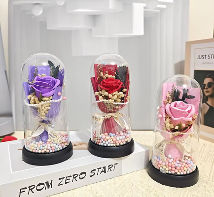 Un bon prix. Ornement petite amie brillant Rose couverture en verre savon séché Bouquet de fleurs pour la fête des mères et la saint-valentin plantes préservées cadeau en ligne