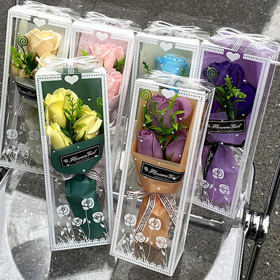 Un bon prix. Savon artificiel fait à la main, mini bouquet de roses, boîte cadeau transparente, moderne, parfumé, lavable, imperméable, fleur pour la fête des mères, mariage, Saint-Valentin, modèle de Noël en ligne
