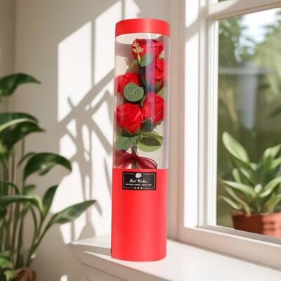 Un bon prix. Bouquet de roses à savon imperméable fait à la main, cylindre Transparent, boîte-cadeau moderne, taille personnalisée, cadeau Floral pour plusieurs vacances, vente en gros en ligne